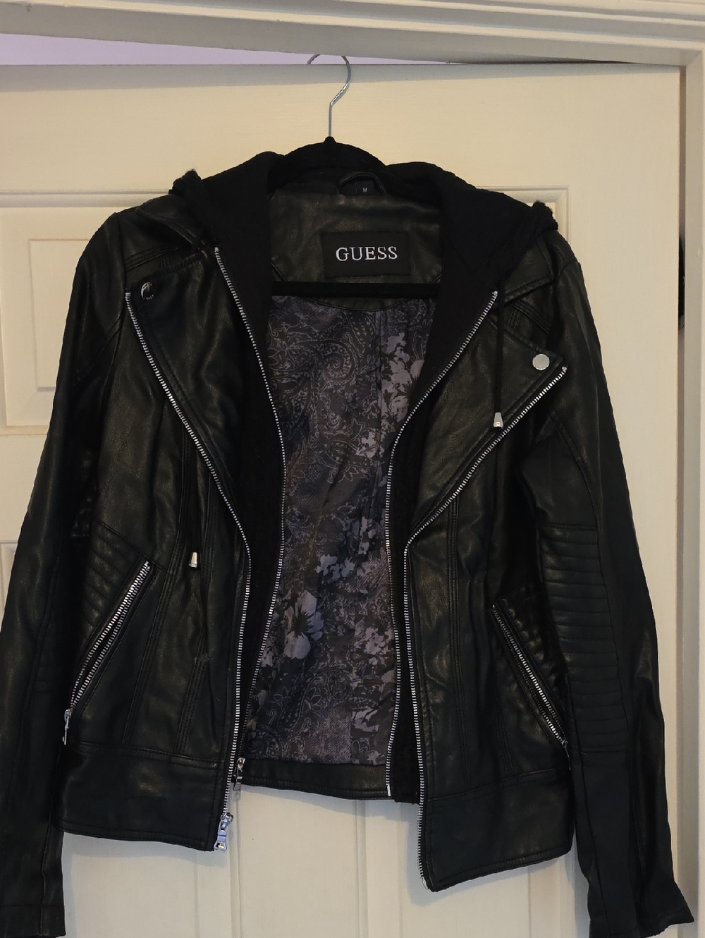 Guess Black Faux Leather Hooded Moto Jacket with Paisley Lining